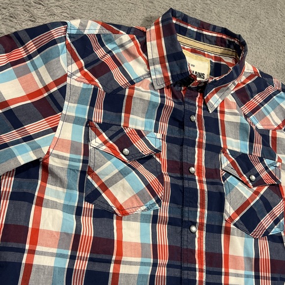 Ditch Plains Western Shirt Men's L Blue Plaid Pearl Snap Roll Tab Long Sleeve‎ - Picture 2 of 15